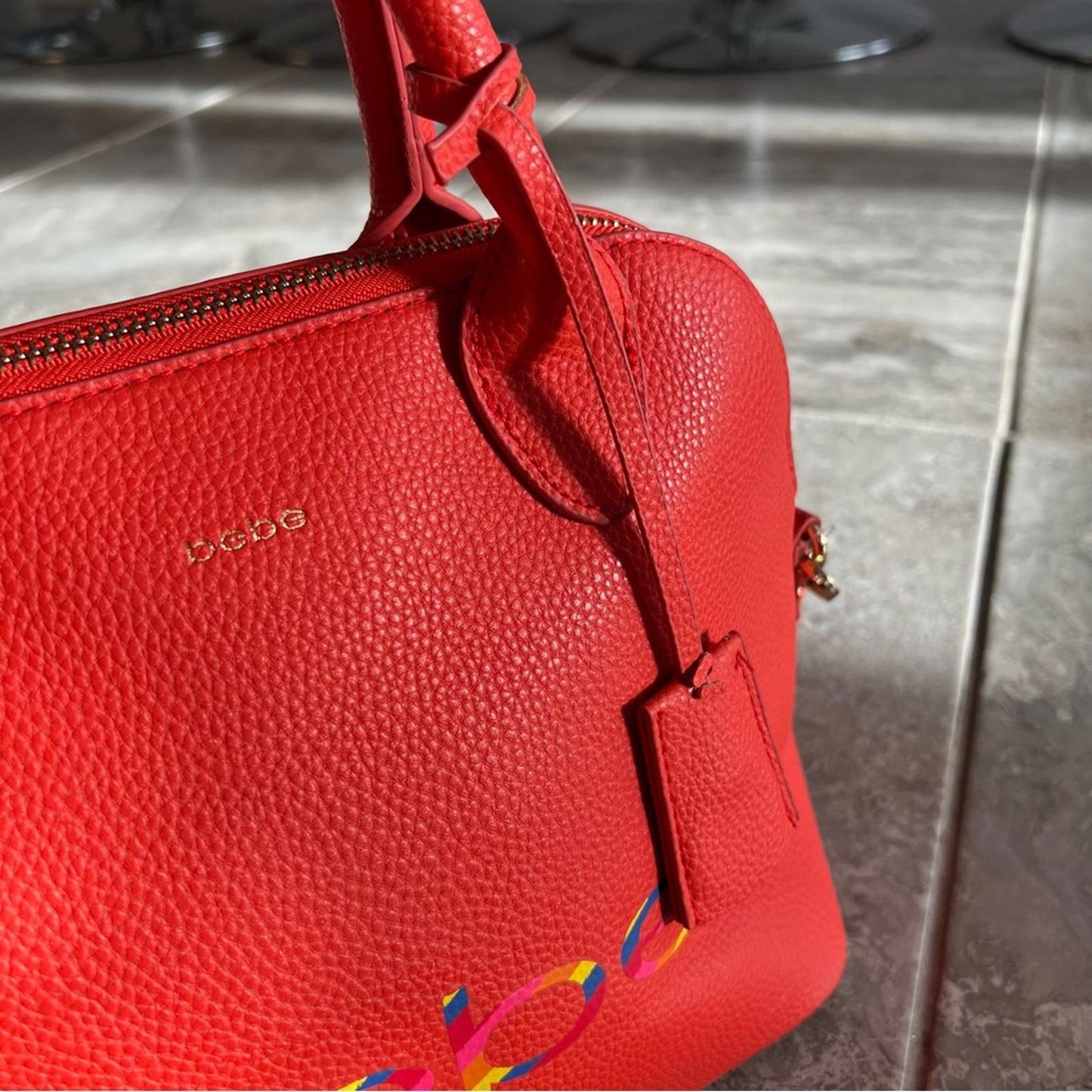 bebe Fabiola Dome Logo Satchel Crossbody Handbag, Ruby Red Orange Excellent