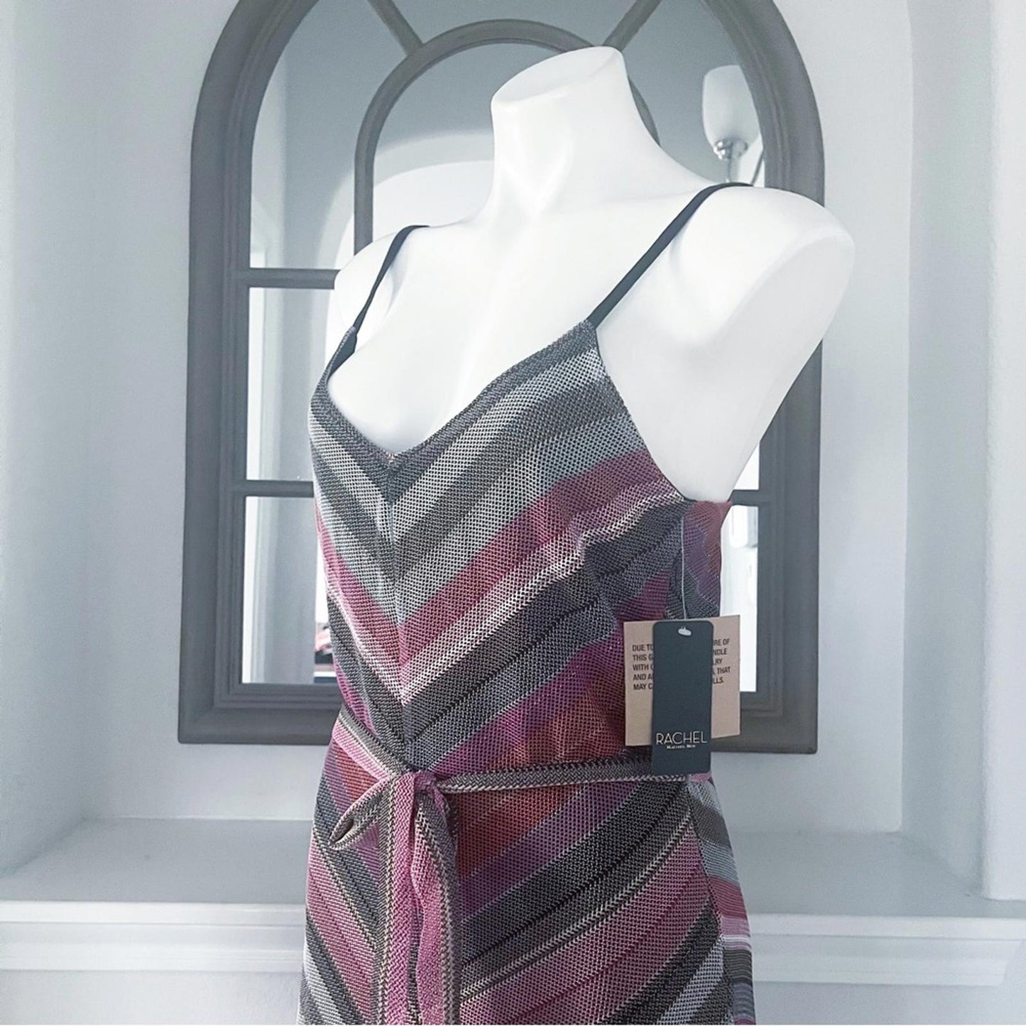 Rachel Roy Finn Metallic Striped Maxi Dress in Pink Grey, Size L New w/Tag