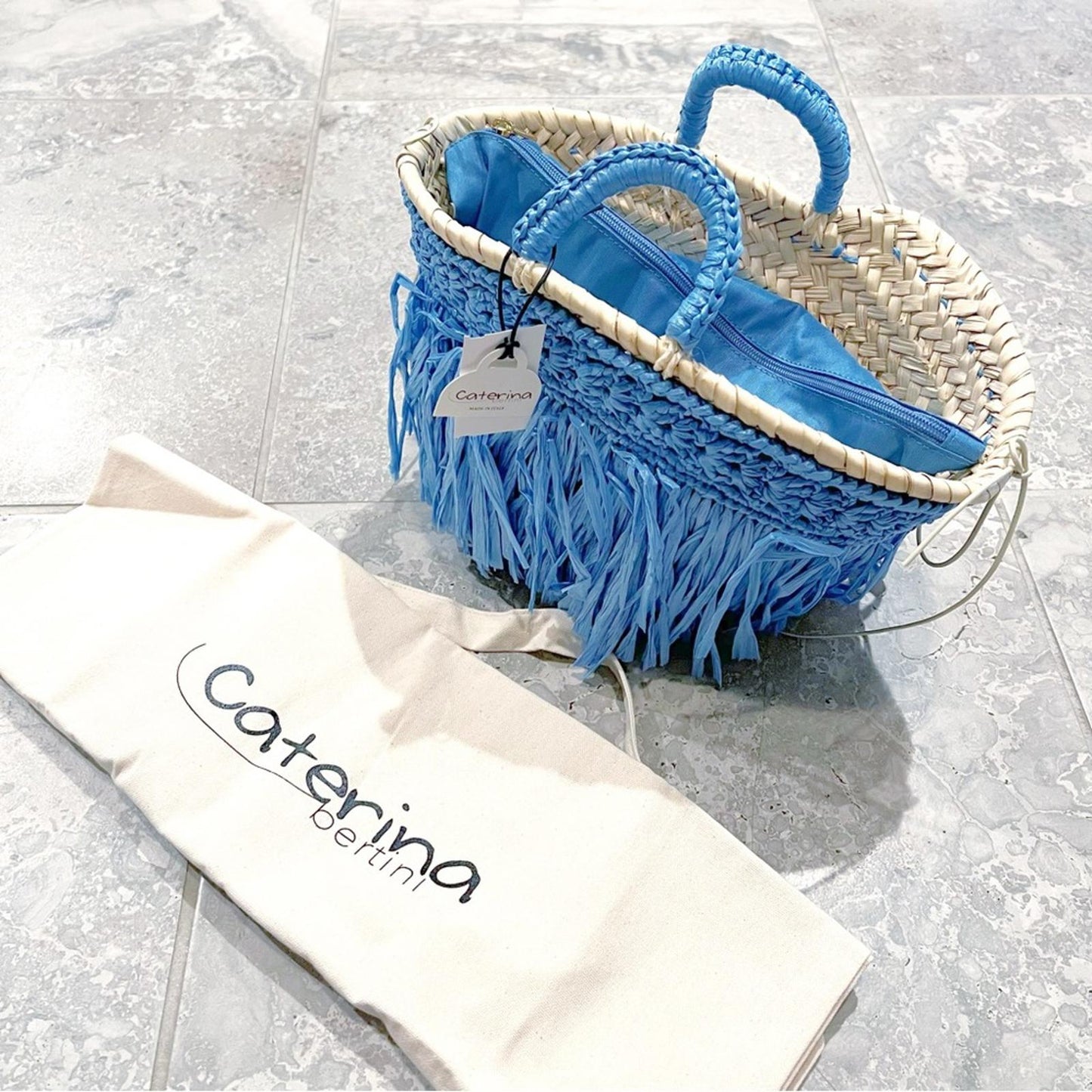 Caterina Bertini Fringe Mini Tote + Large Tote, Blue (Made in Italy) New w/Tag