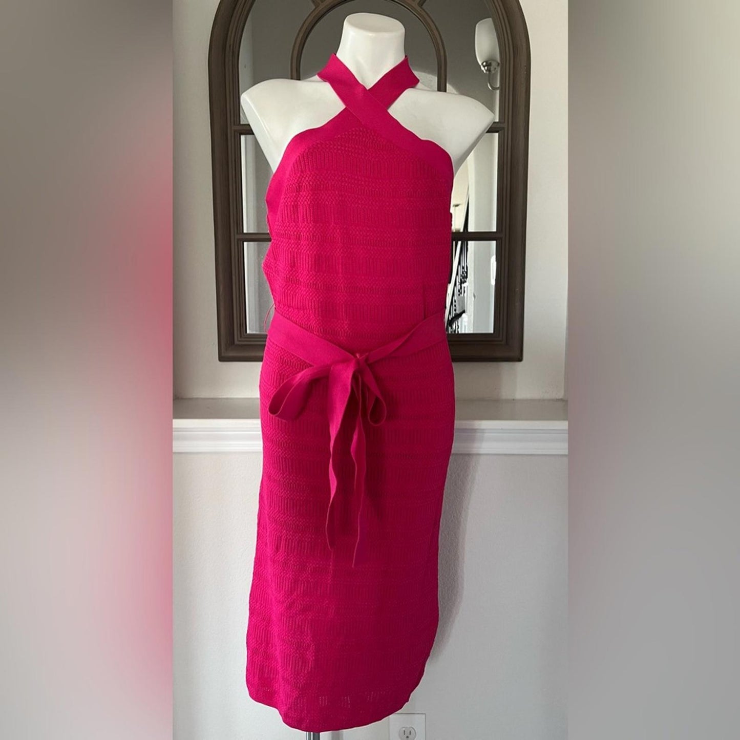NEW Rachel Roy Solid Textured Knit Midi Halter Dress, Pink XXL Retail $139.99