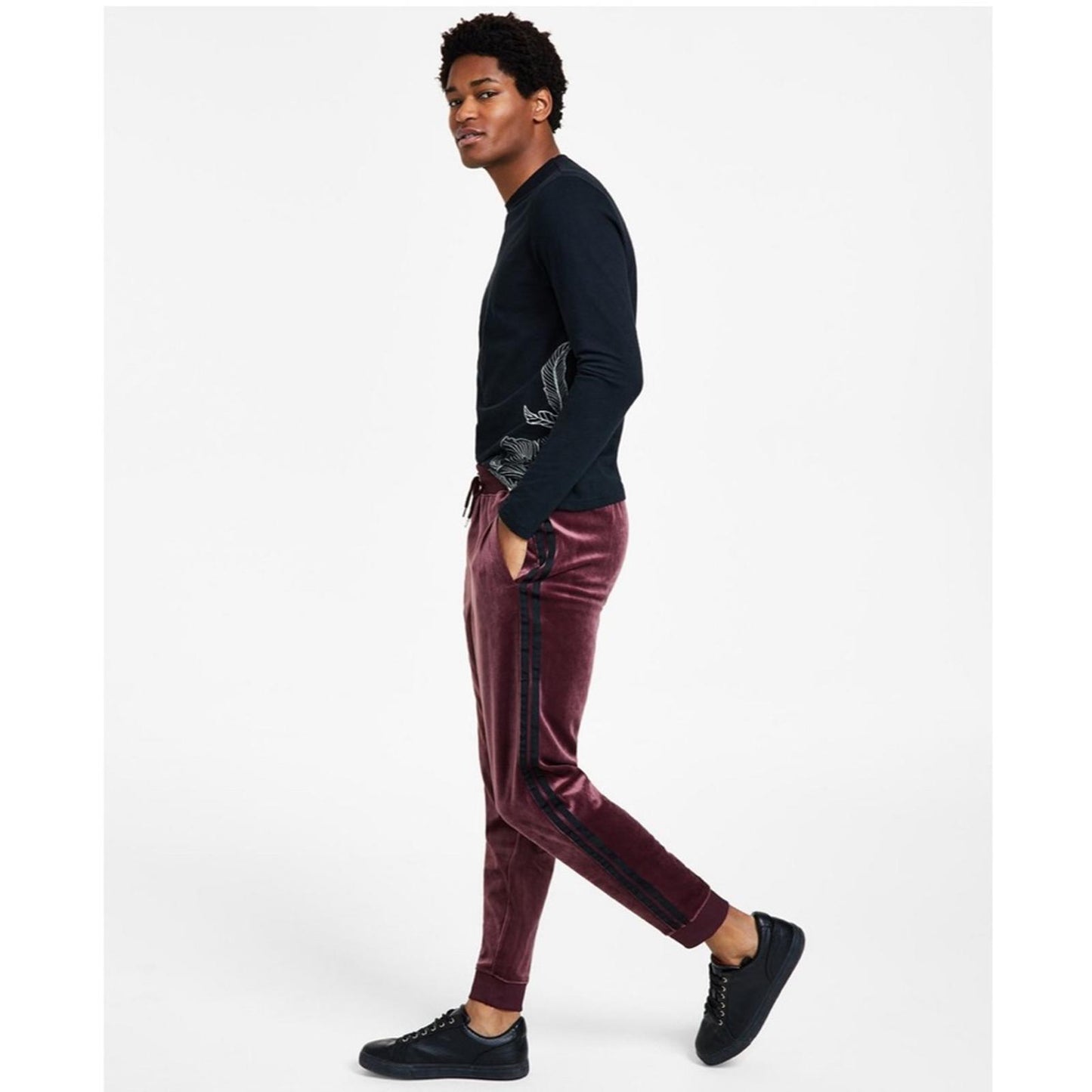 NEW INC Men's Regular-Fit Side Stripe Velour Joggers, Size L Retail $59.50