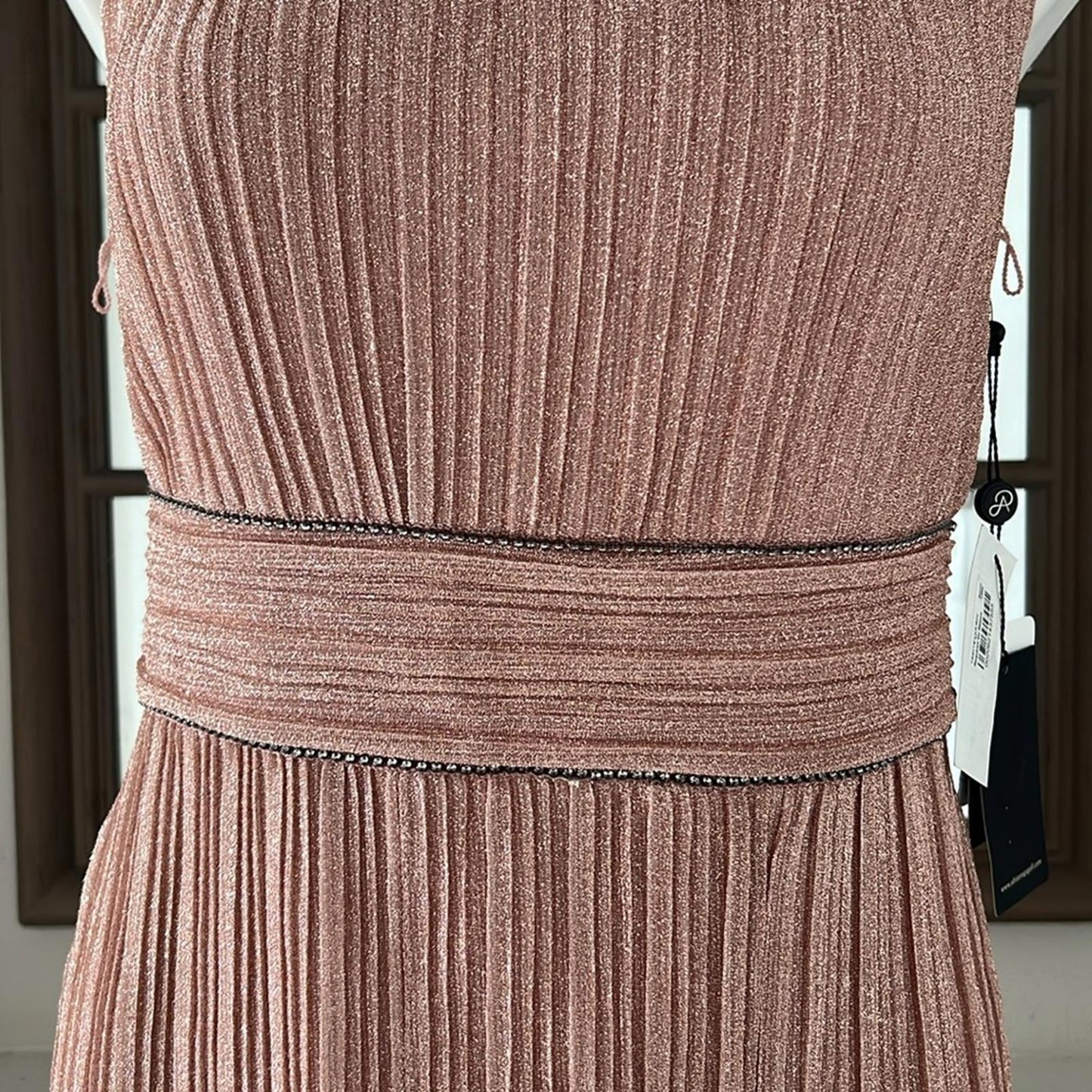Adrianna Papell Metallic Pleated Long Gown in Rose, Size 8 NEW w/Tag $229