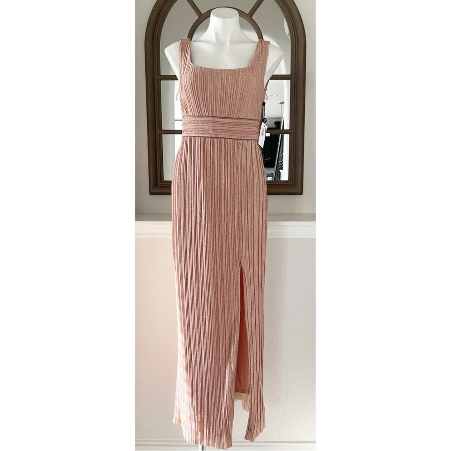 Adrianna Papell Metallic Pleated Long Gown in Rose, Size 8 NEW w/Tag $229
