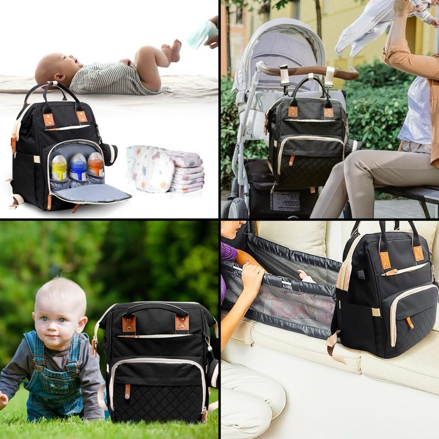 Akshomz Diaper Bag Backpack with Changing Station, Black Tan NEW