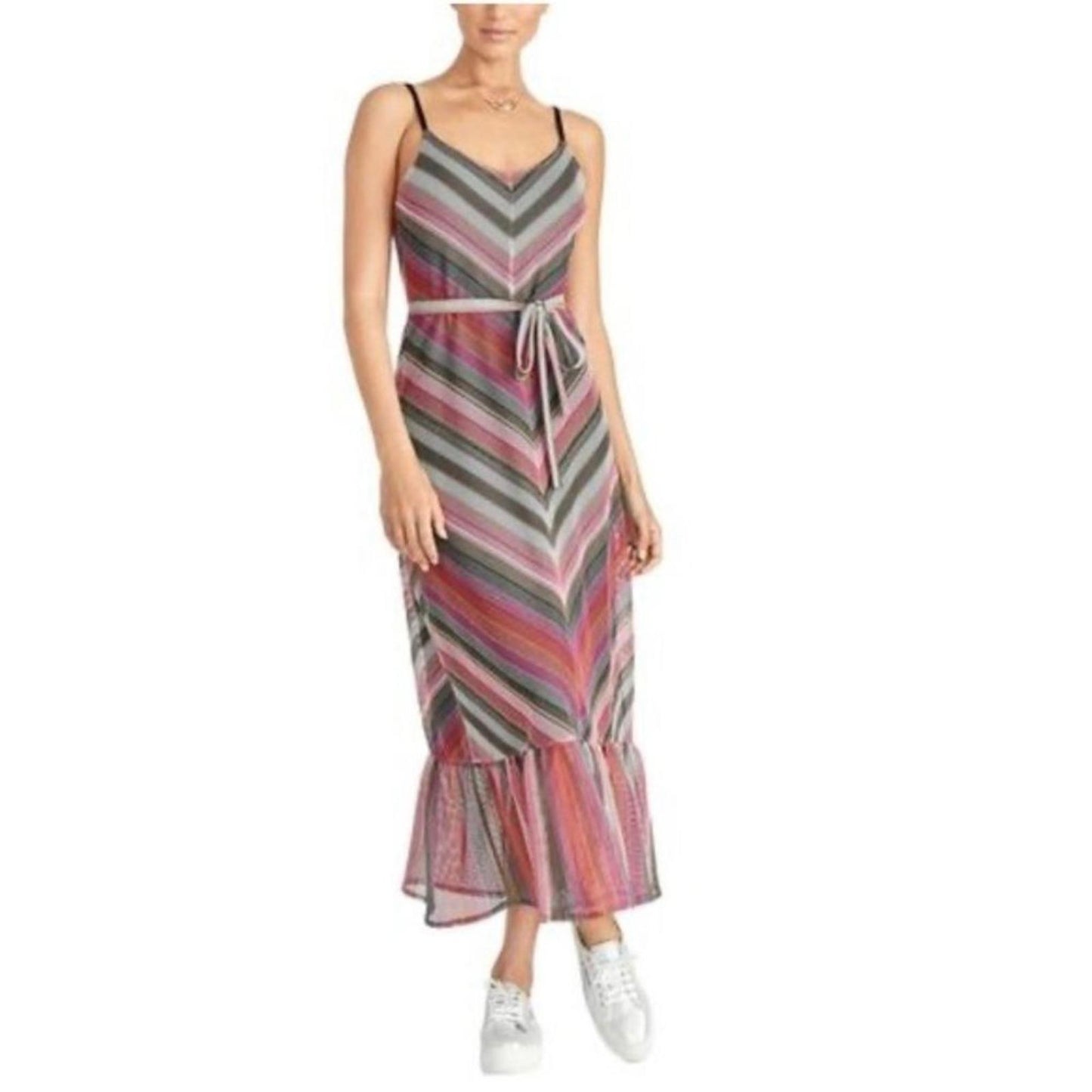 Rachel Roy Finn Metallic Striped Maxi Dress in Pink Grey, Size L New w/Tag