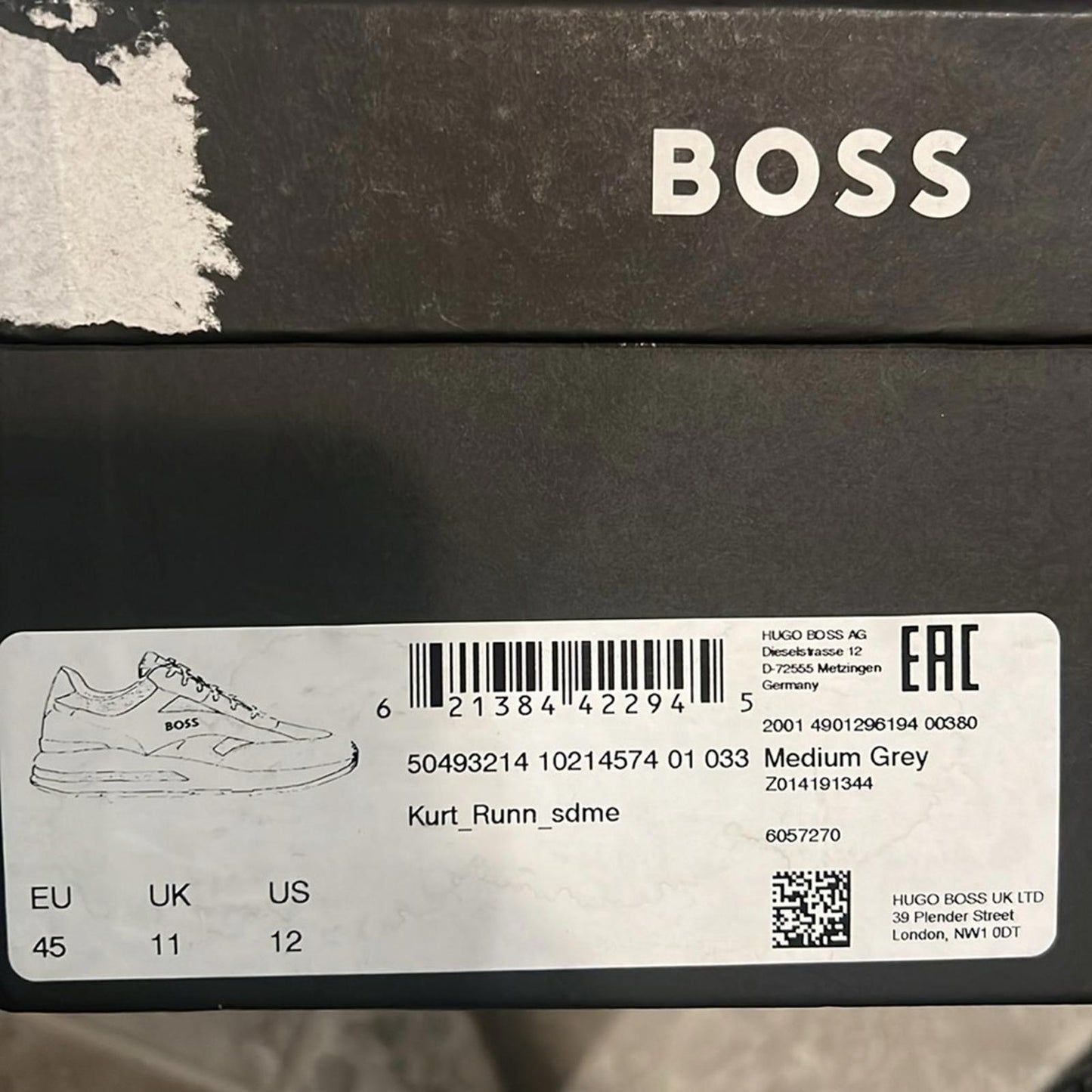BOSS Kurt Low Top Sneakers Medium Grey Size EU 45, US 12 New in Box Retail $199