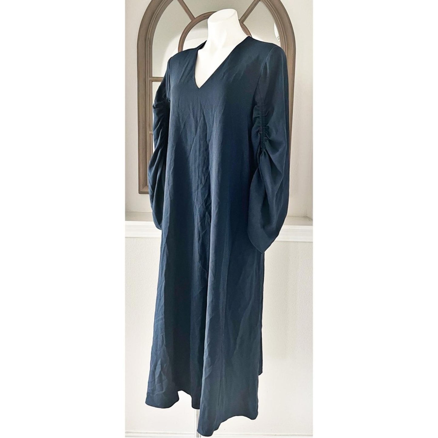 TIBI Ruched Convertible Bell Sleeve Cinched Stretch Crepe Dress Size 10 NWT $595