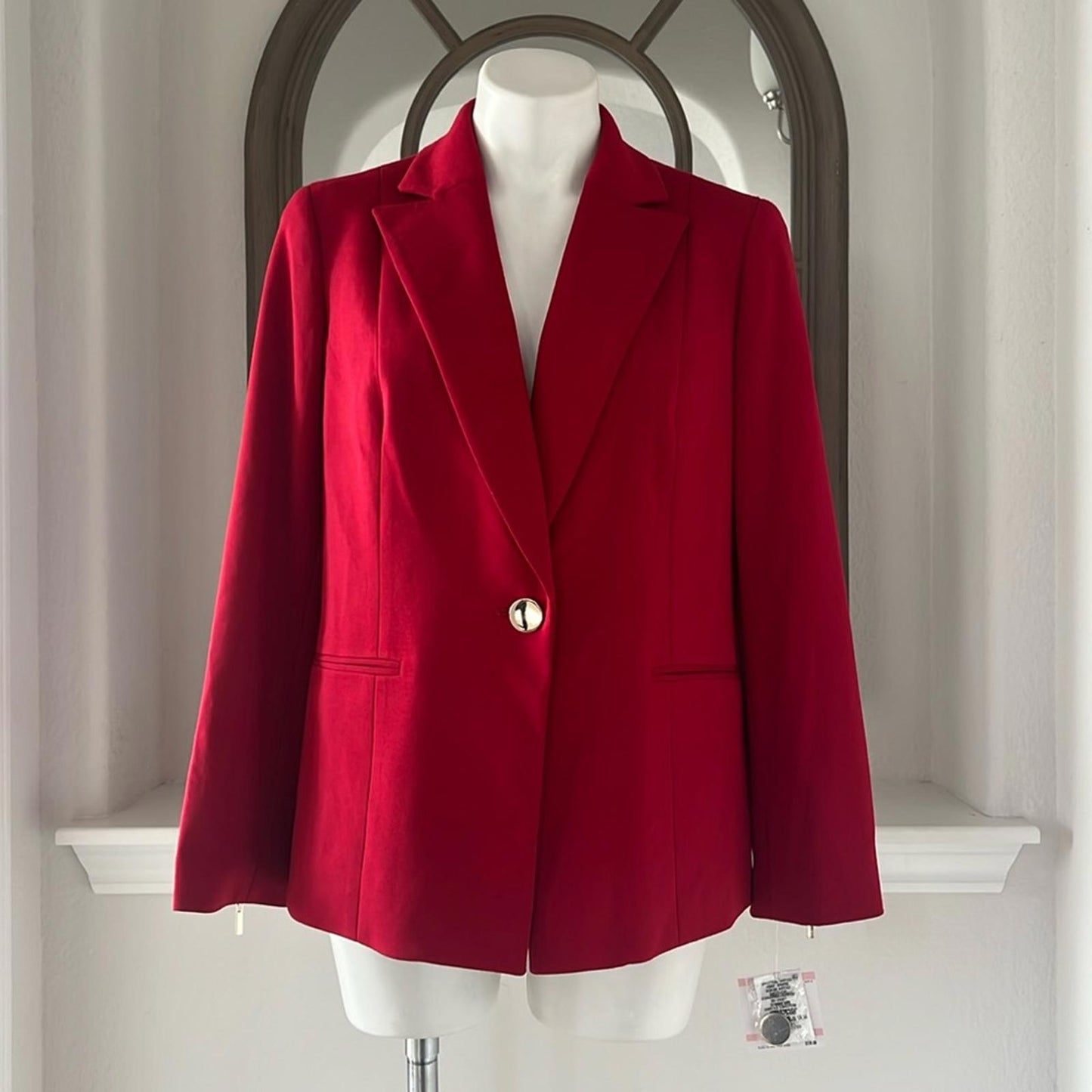 Kasper Zip Cuff Notched Collar One-Button Blazer in Red Petite Size 10, New $129