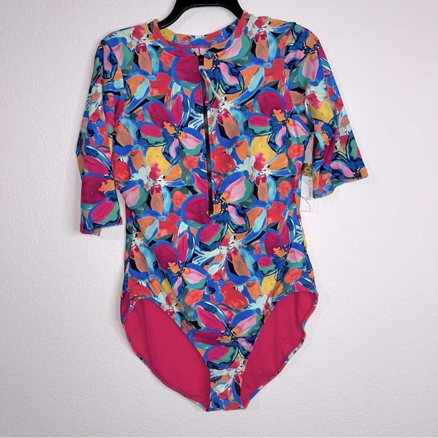 Anne Cole Amalfi Floral Half Zip Front Rash Guard One Piece Swimsuit Size 16 NWT