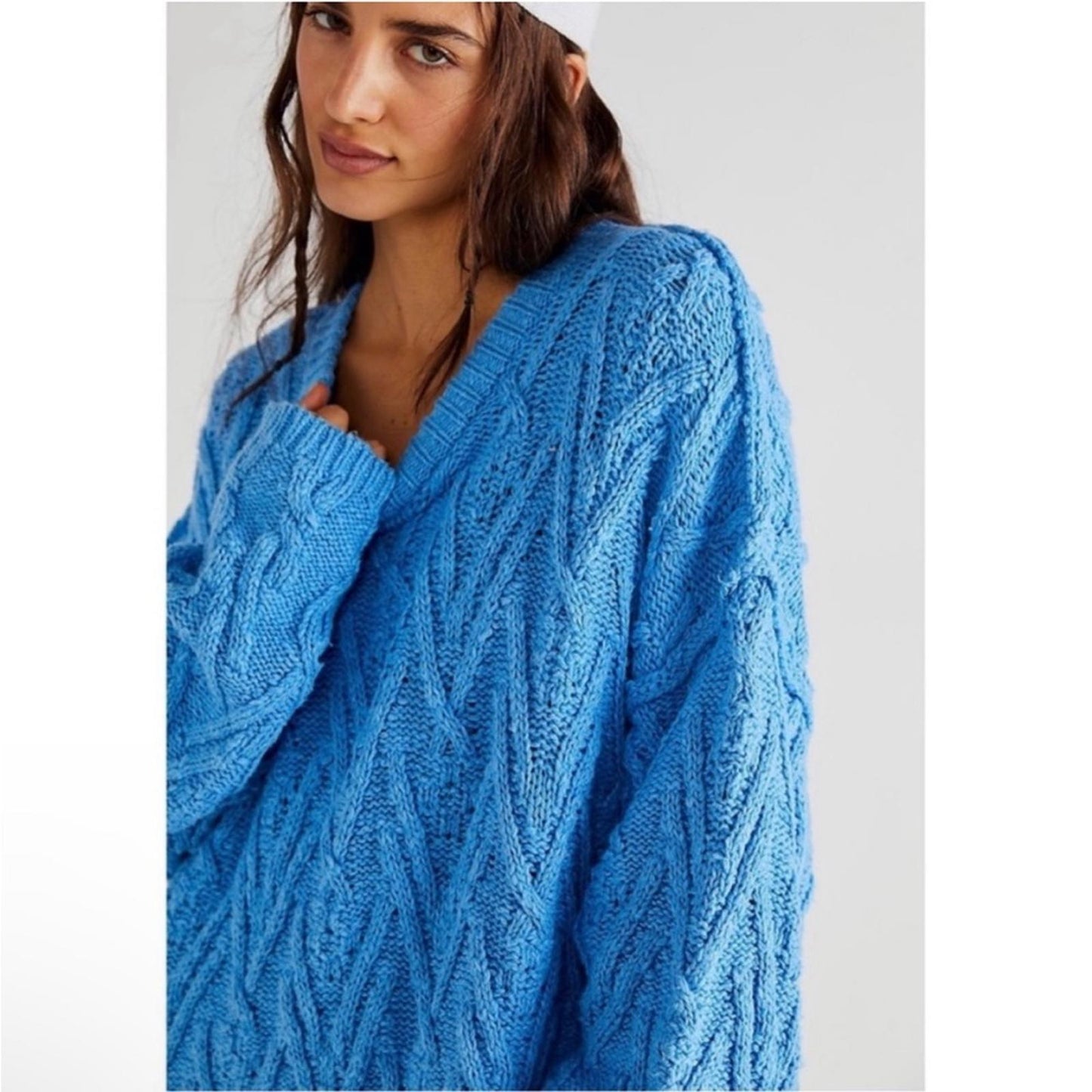 NEW Free People Isla Cable Knit Oversized Sweater, Marine Blue Size L