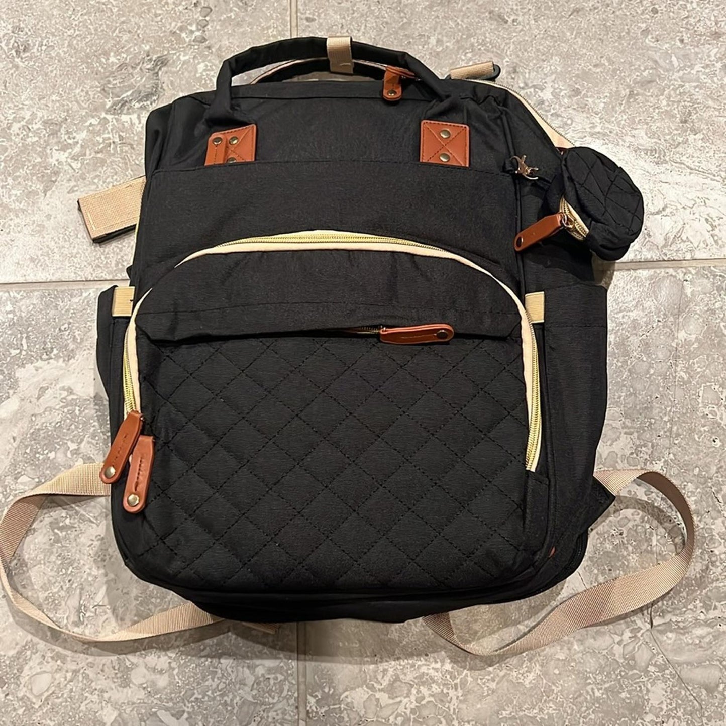 Akshomz Diaper Bag Backpack with Changing Station, Black Tan NEW