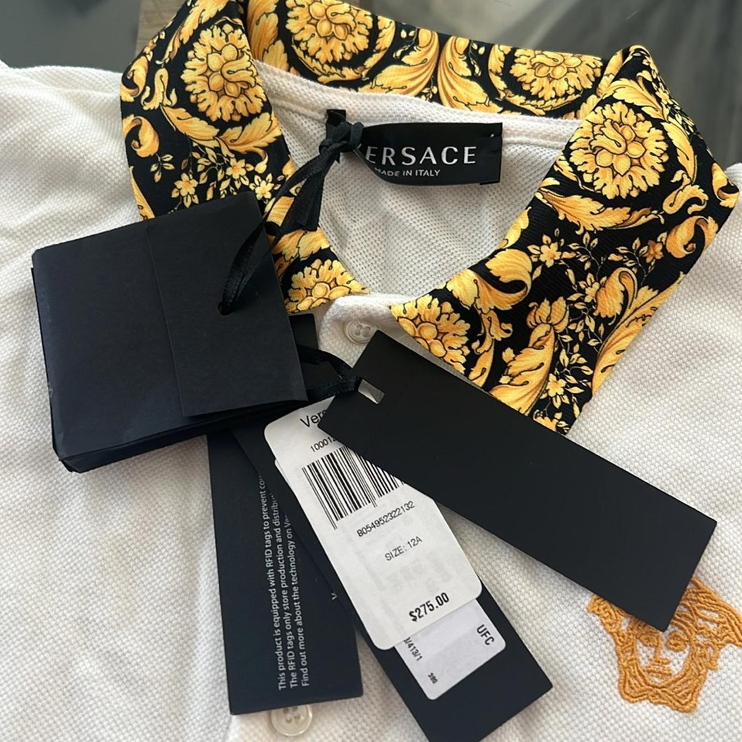 Versace Boys Barocco Logo Polo Shirt in White, Size 12A (152cm) New w/Tag $275