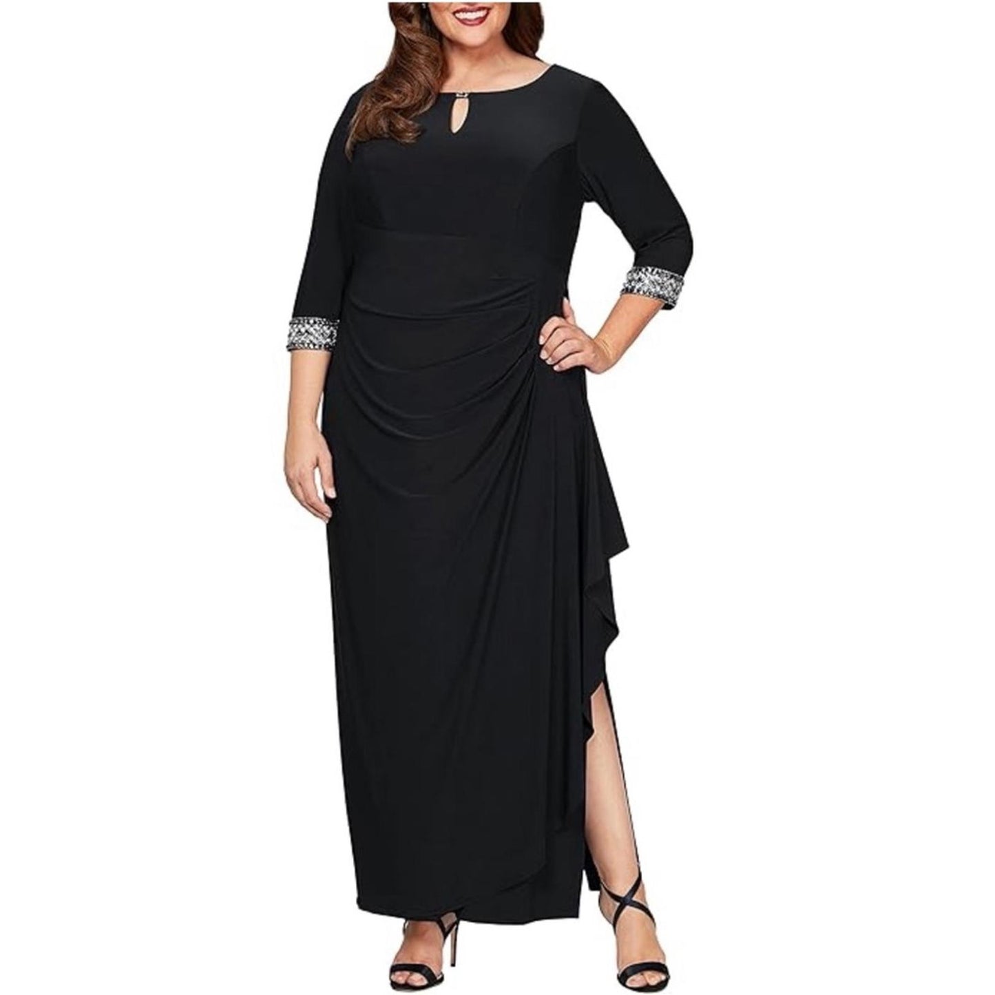 NWT Alex Evenings A-Line Dress w/Side Ruched Cascade Skirt, Black Size 18W $239