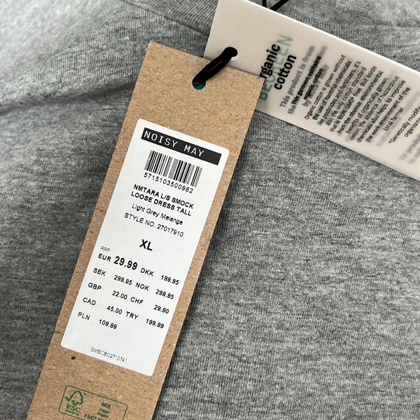 ASOS’ Noisy May Collegiate Motif Jersey Smock Dress, Gray Heather Size XL NWT
