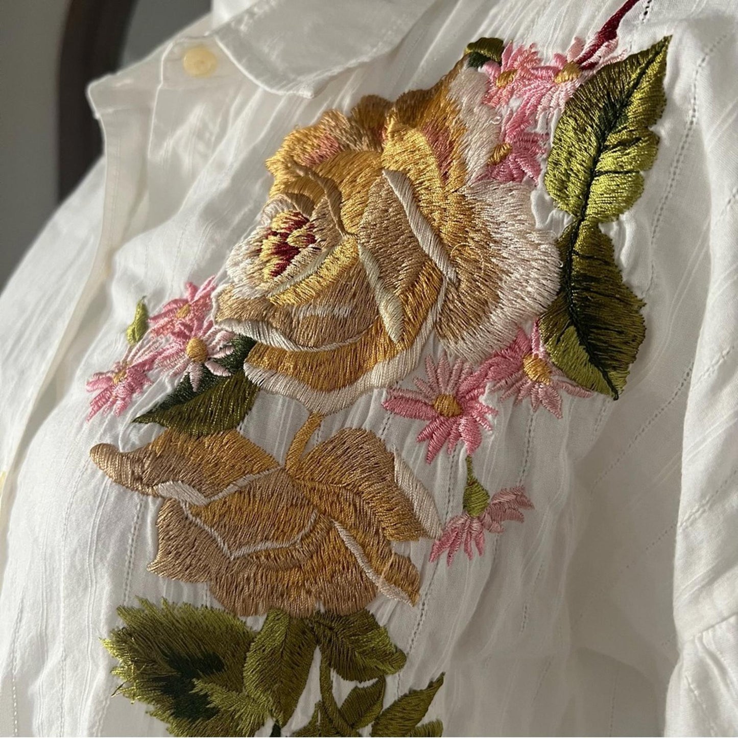 3J by Johnny Was Button Front Shirtdress with Floral Embroidery, White Size L