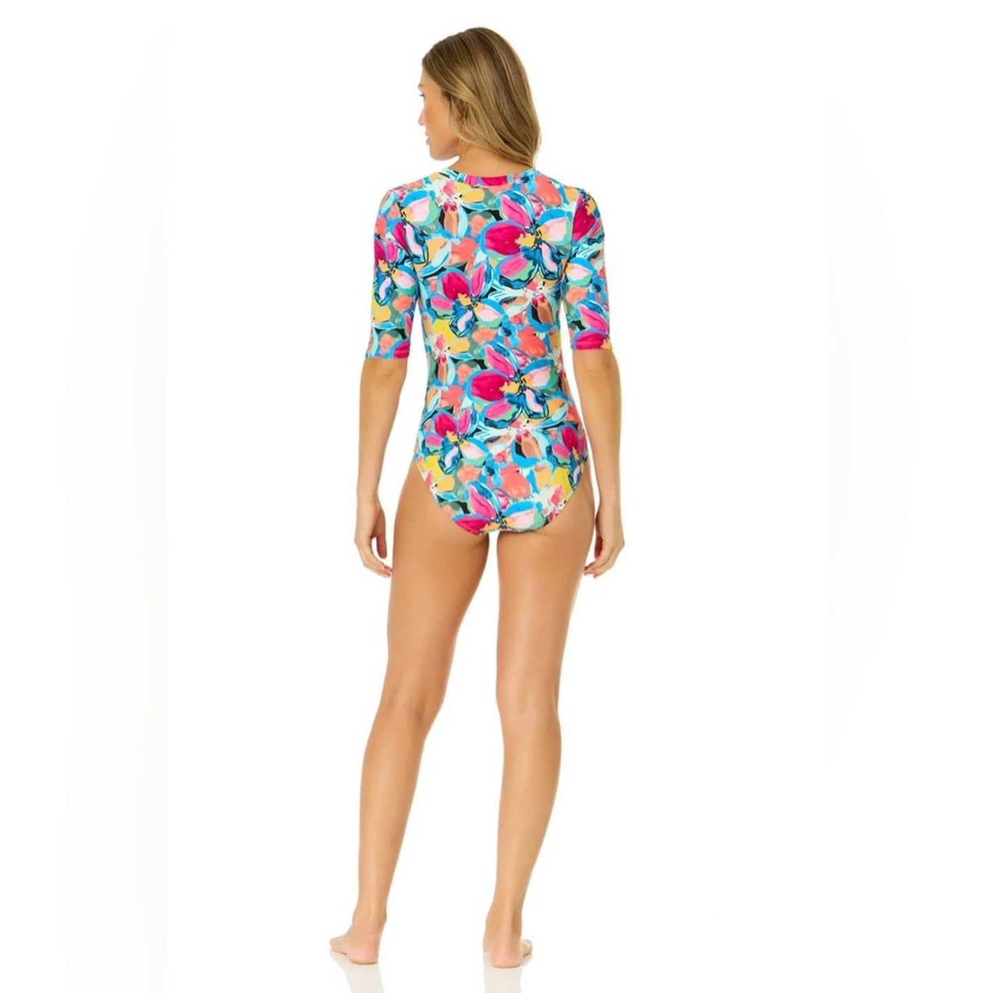 Anne Cole Amalfi Floral Half Zip Front Rash Guard One Piece Swimsuit Size 16 NWT