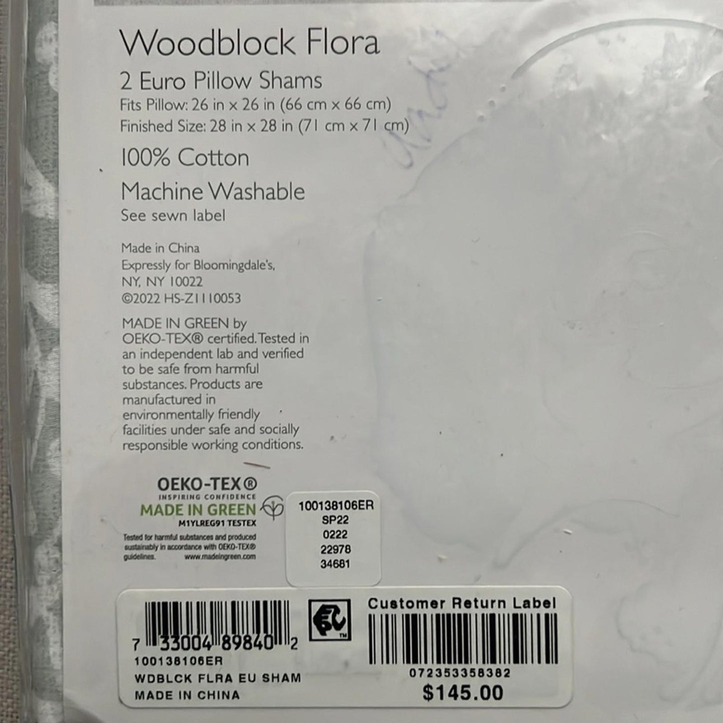 2 Sky Woodblock Flora Euro Shams in Grey/White, New w/Tag $145