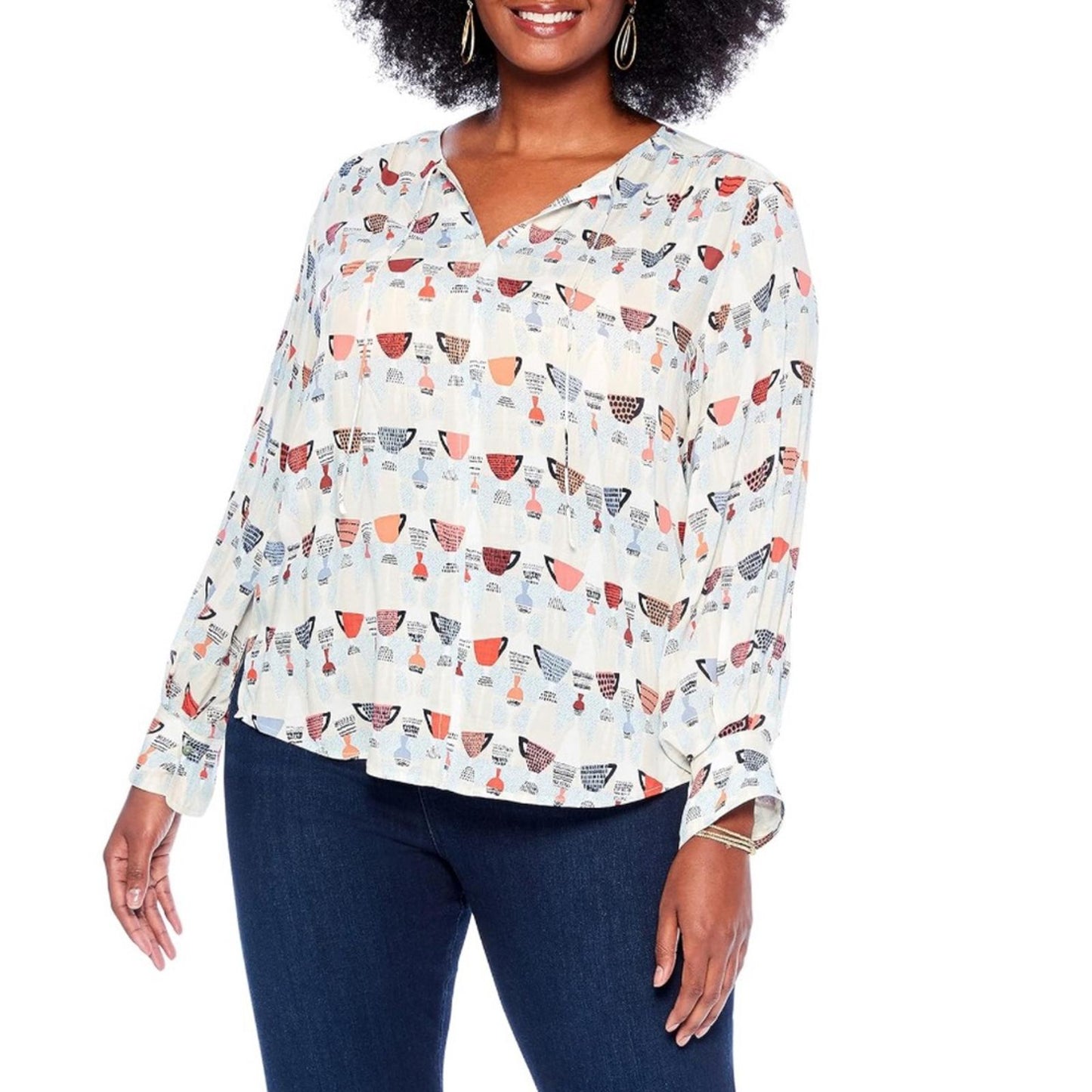 NIC+ZOE Relaxed-fit Perk Up Coffee Cup Print Blouse, Size XL New w/Tag Retail