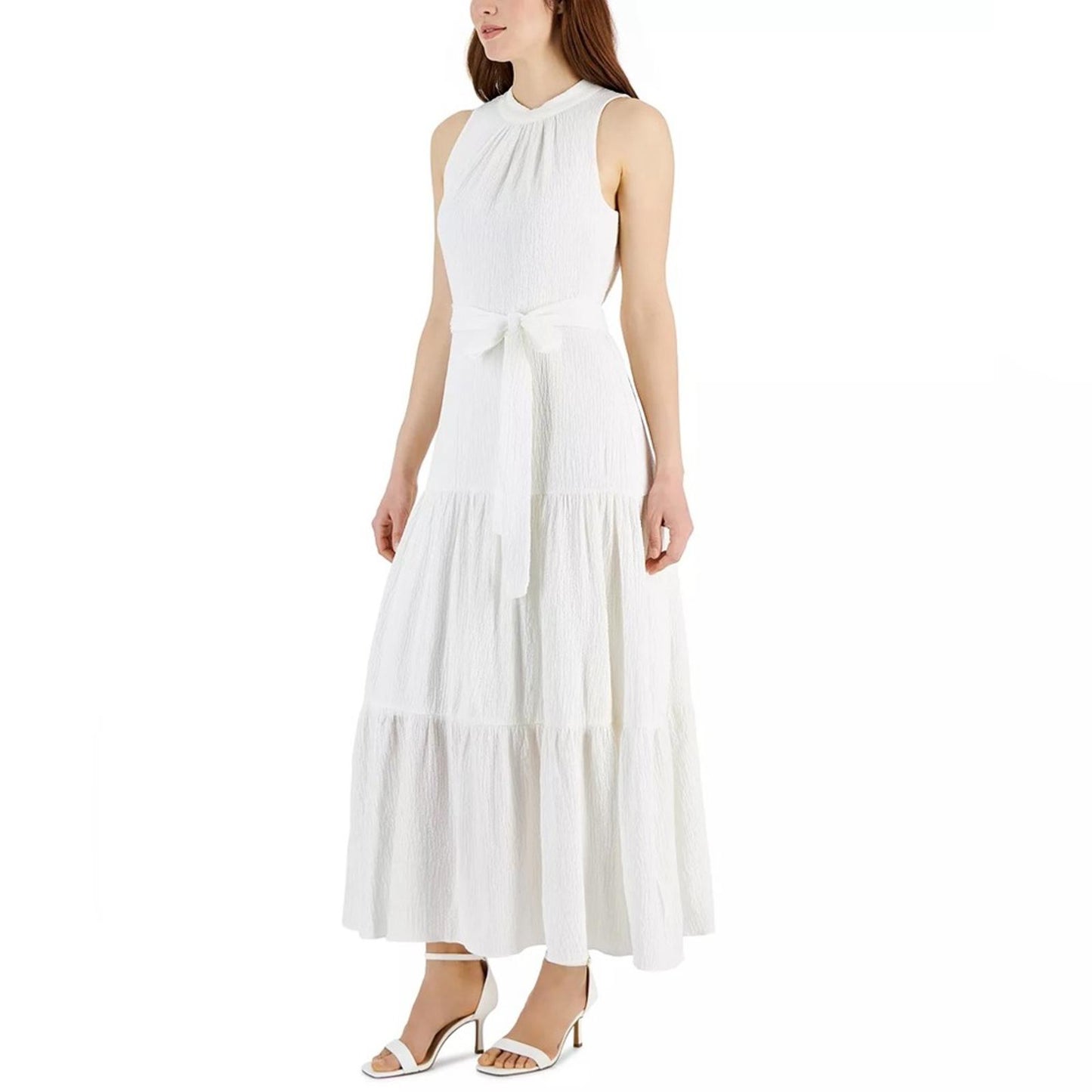 Anne Klein Tie-Neck Tiered Sleeveless Maxi Dress, Size 12 Bright White New w/Tag