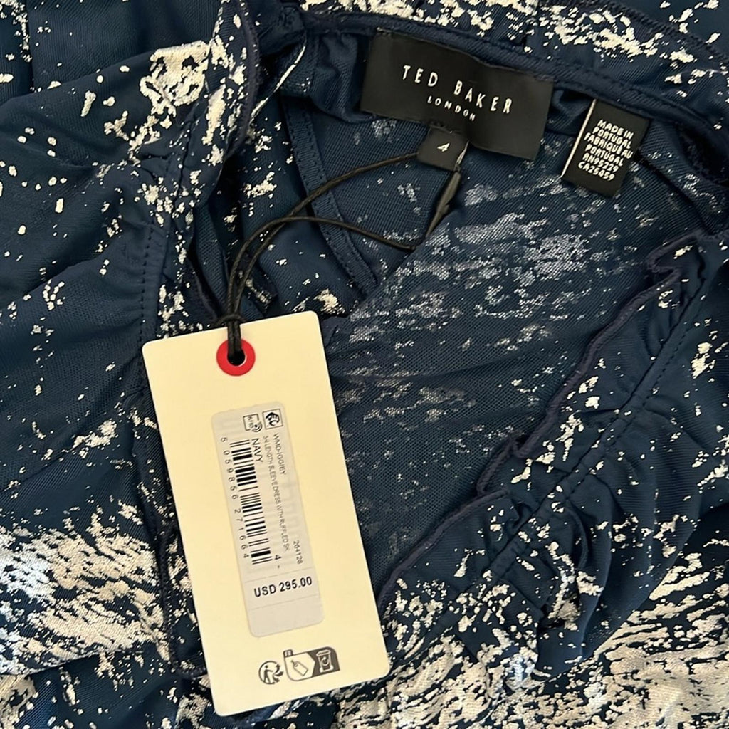 TED BAKER Iggiey Metallic Burnout Midi Dress, 3/4 Sleeves Navy Size 4 US 10 NWT