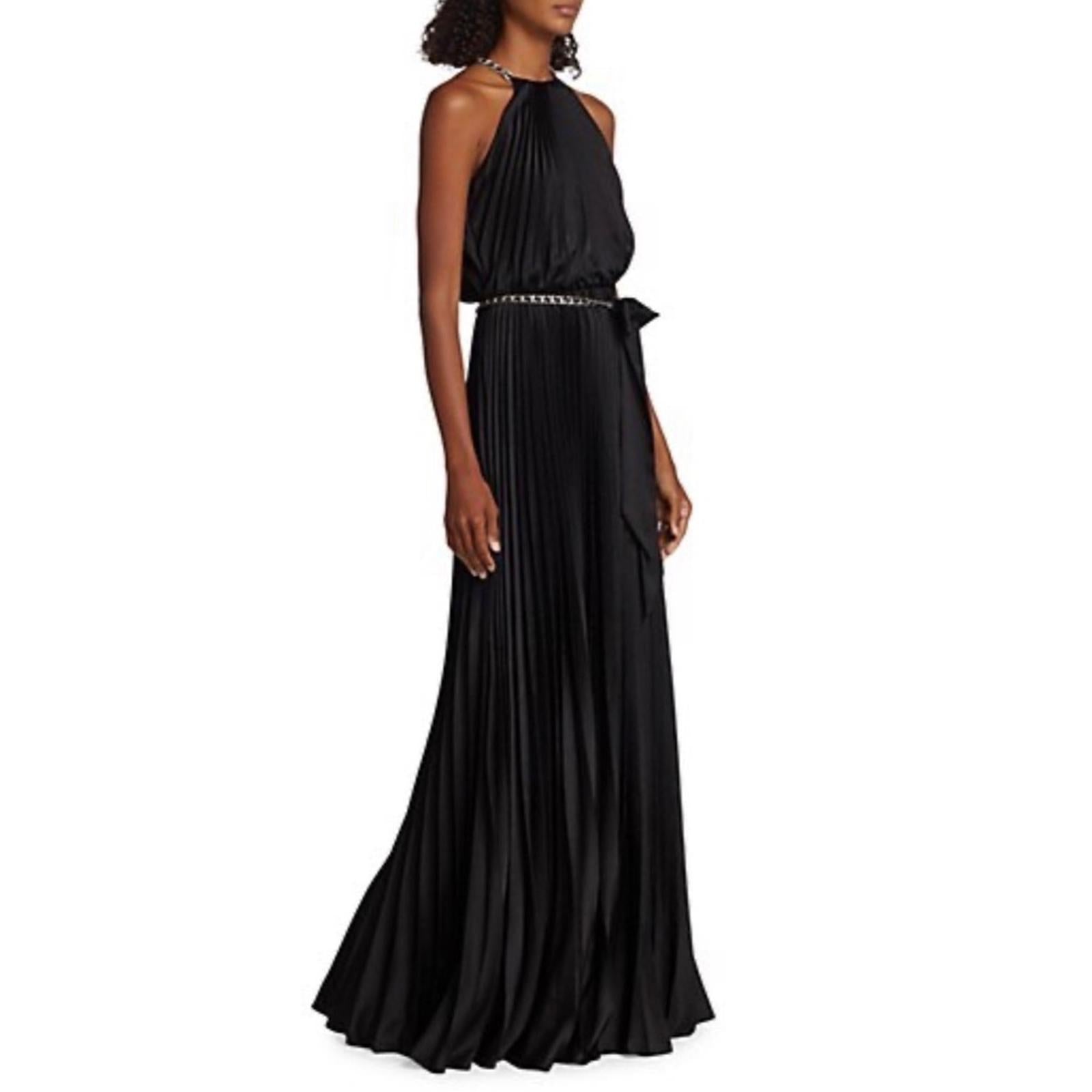 ML Monique Lhuillier Satin Chain-Link Belt Pleated Gown, Black Size 8 NWT $695