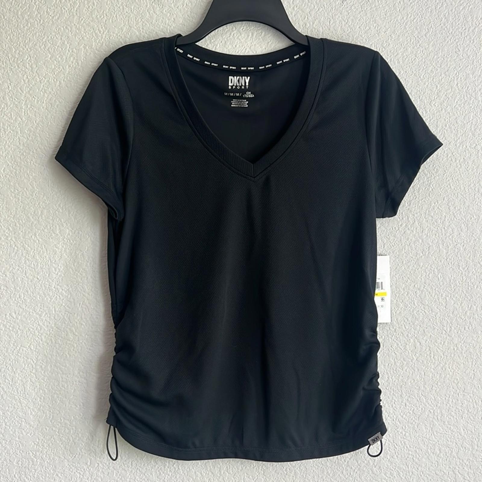DKNY Tech-Mesh Performance V-Neck Tech Tee w/Ruched Drawcord Side Seams, NWT, M
