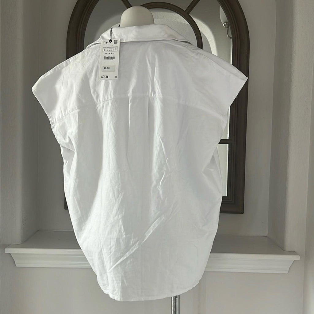 ZARA White Denim Button Up Sleeveless Shirt, Size L New w/Tag