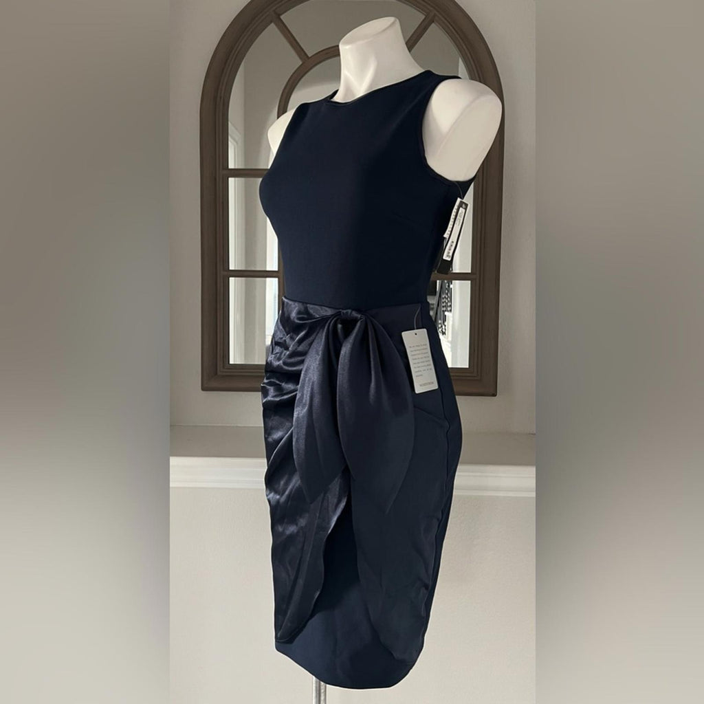 Betsy & Adam Satin Sarong Crepe Dress in Navy, Size 2 New w/Tag Retail $199