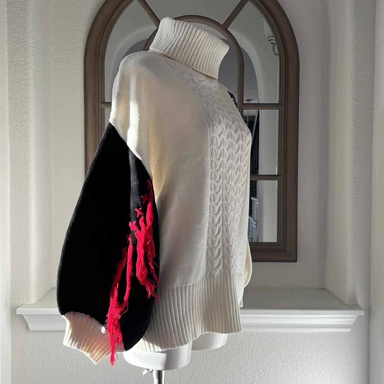 Cable Knit Turtleneck Sweater with Puff Sleeves in White Multi, Size M NWT
