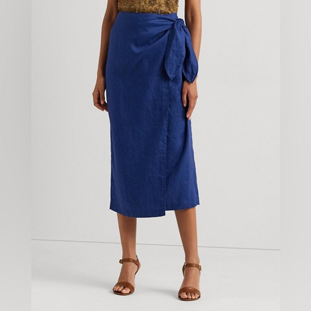 Lauren Ralph Lauren Linen Wrap Midi Skirt in Indigo Sail, Size 4 New w/Tag