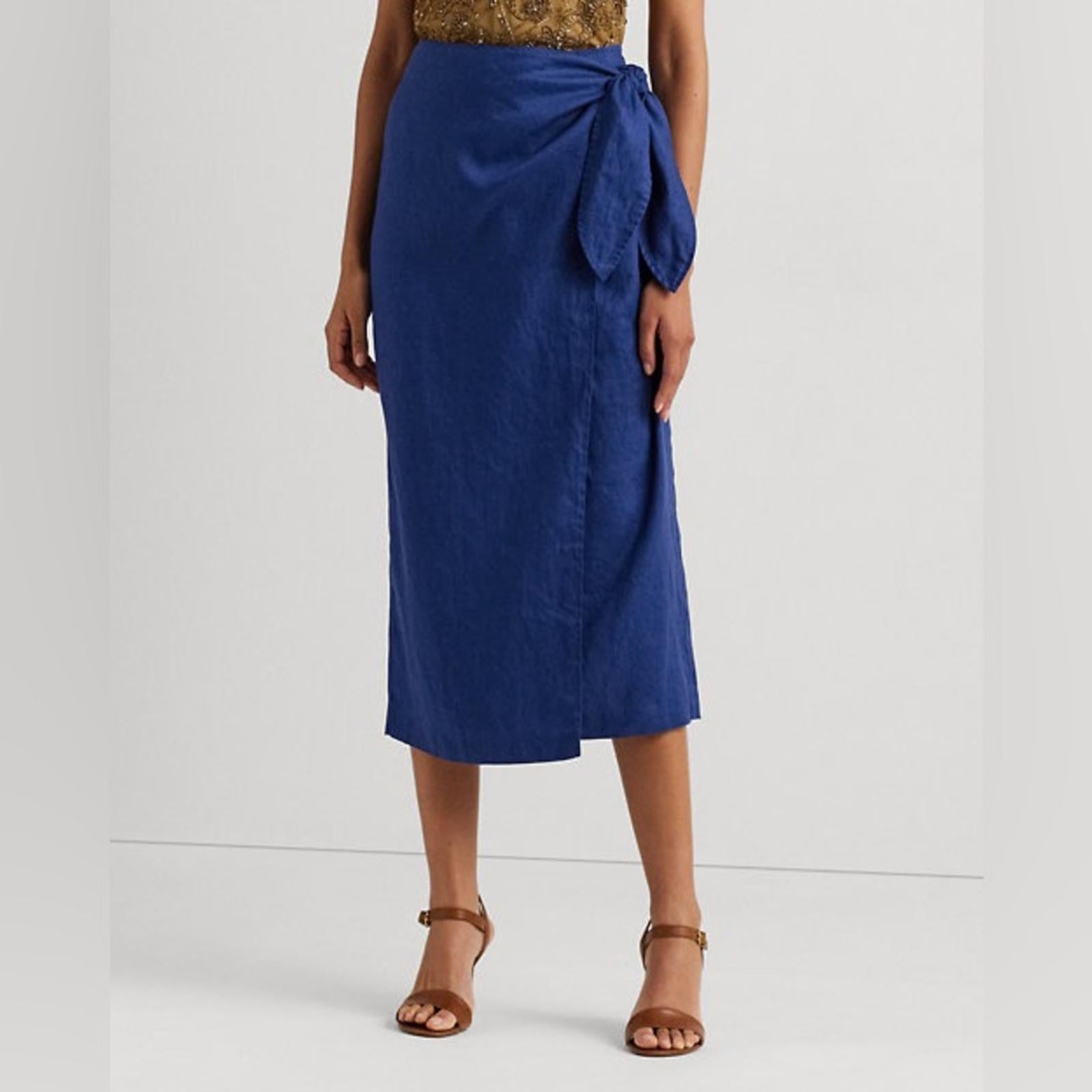 Lauren Ralph Lauren Linen Wrap Midi Skirt in Indigo Sail, Size 4 New w/Tag