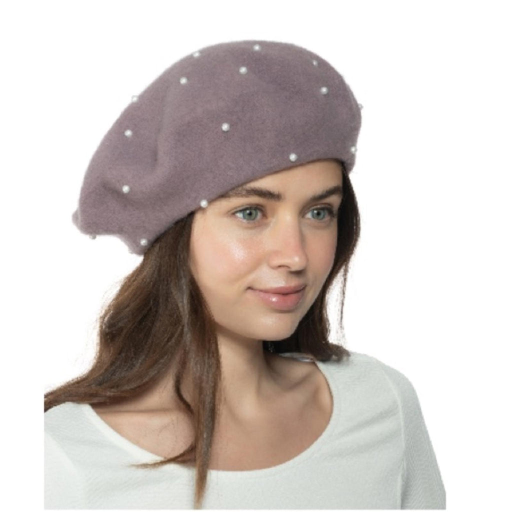 NWT INC Wool Blend Beret Winter Hat w/Imitation Pearl in Mauve, Retail $44.50