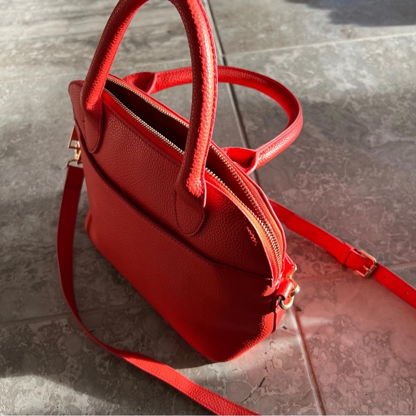 bebe Fabiola Dome Logo Satchel Crossbody Handbag, Ruby Red Orange Excellent