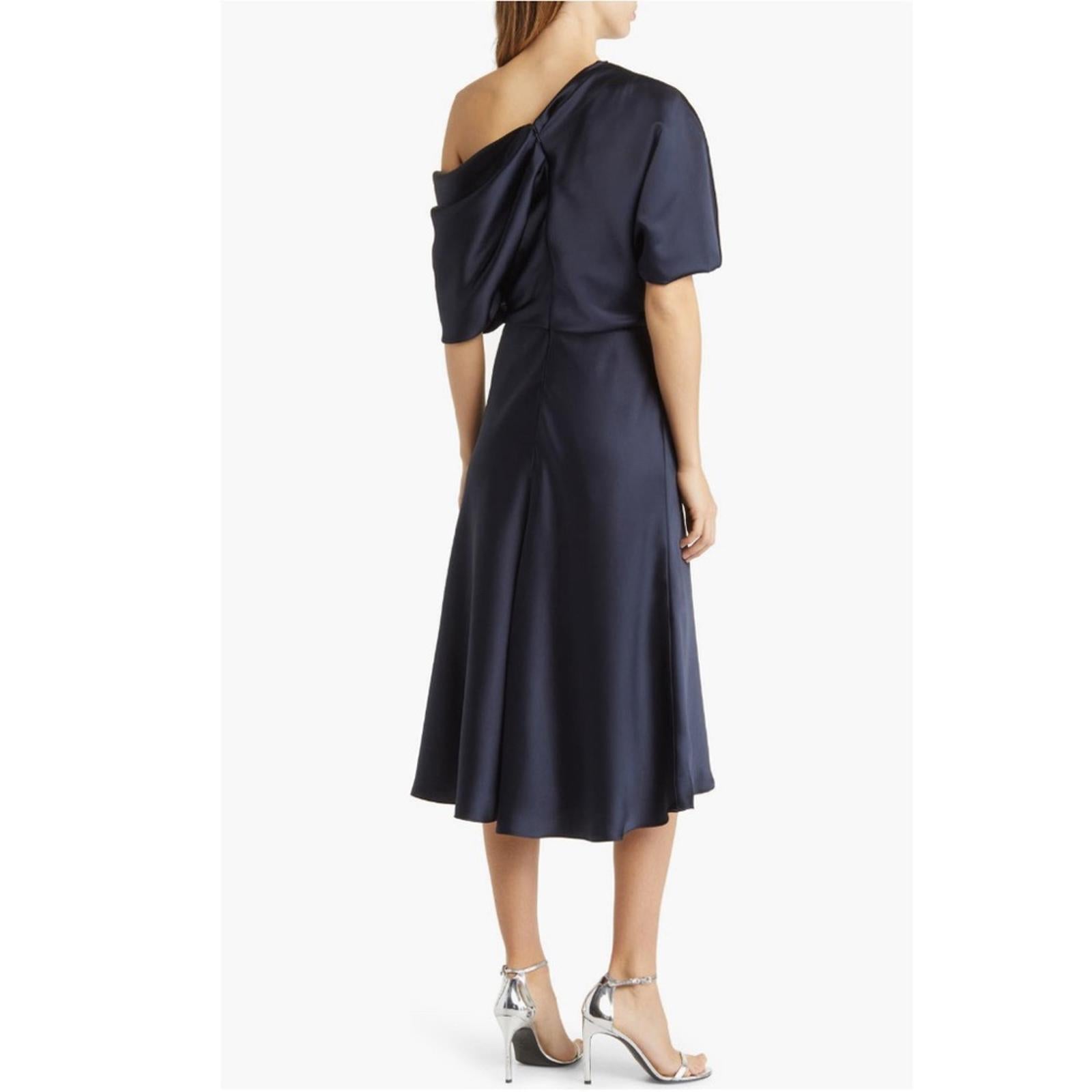 NEW Amsale NAVY One Shoulder Fluid Satin Cocktail Midi Dress, Size 4 Retail $385