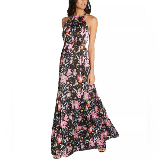 Aidan Mattox Halter Tiered Pleated Cut Out Floral Maxi Dress Size 8 NWT $220