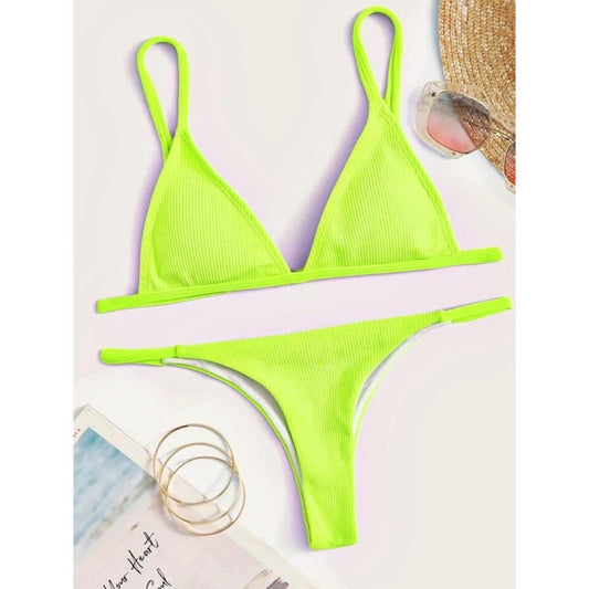 NEW Neon Lime Ribbed Triangle Bikini Swimsuit Size S New w/o Tag