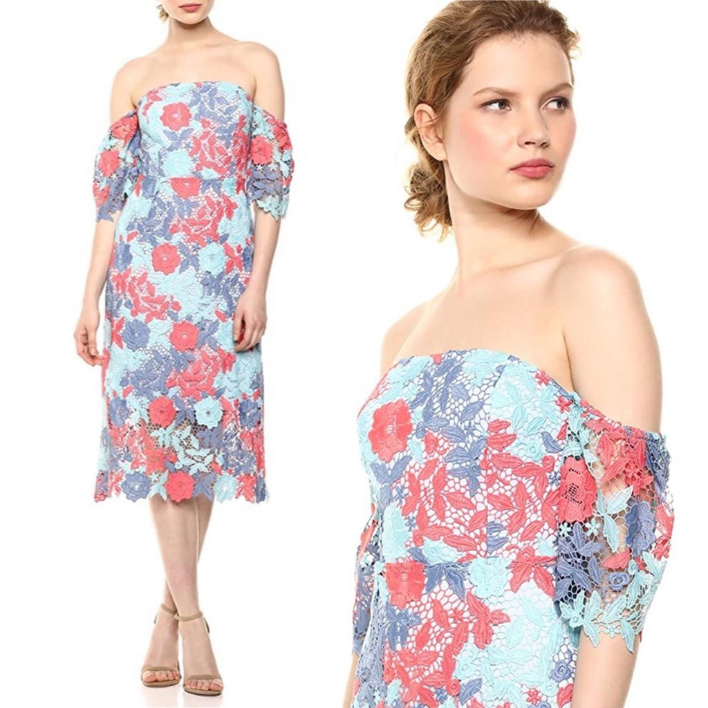 Sam Edelman Lace Three-Tone Off-the-Shoulder Dress,  Blue/Pink Size 8 New w/Tag