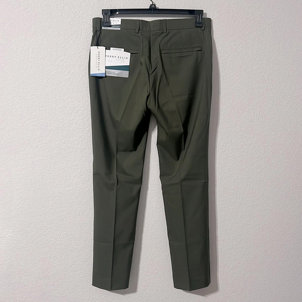 Perry Ellis Men’s Skinny Fit Lightweight Dress Pants in Olive Green, Size 32x29