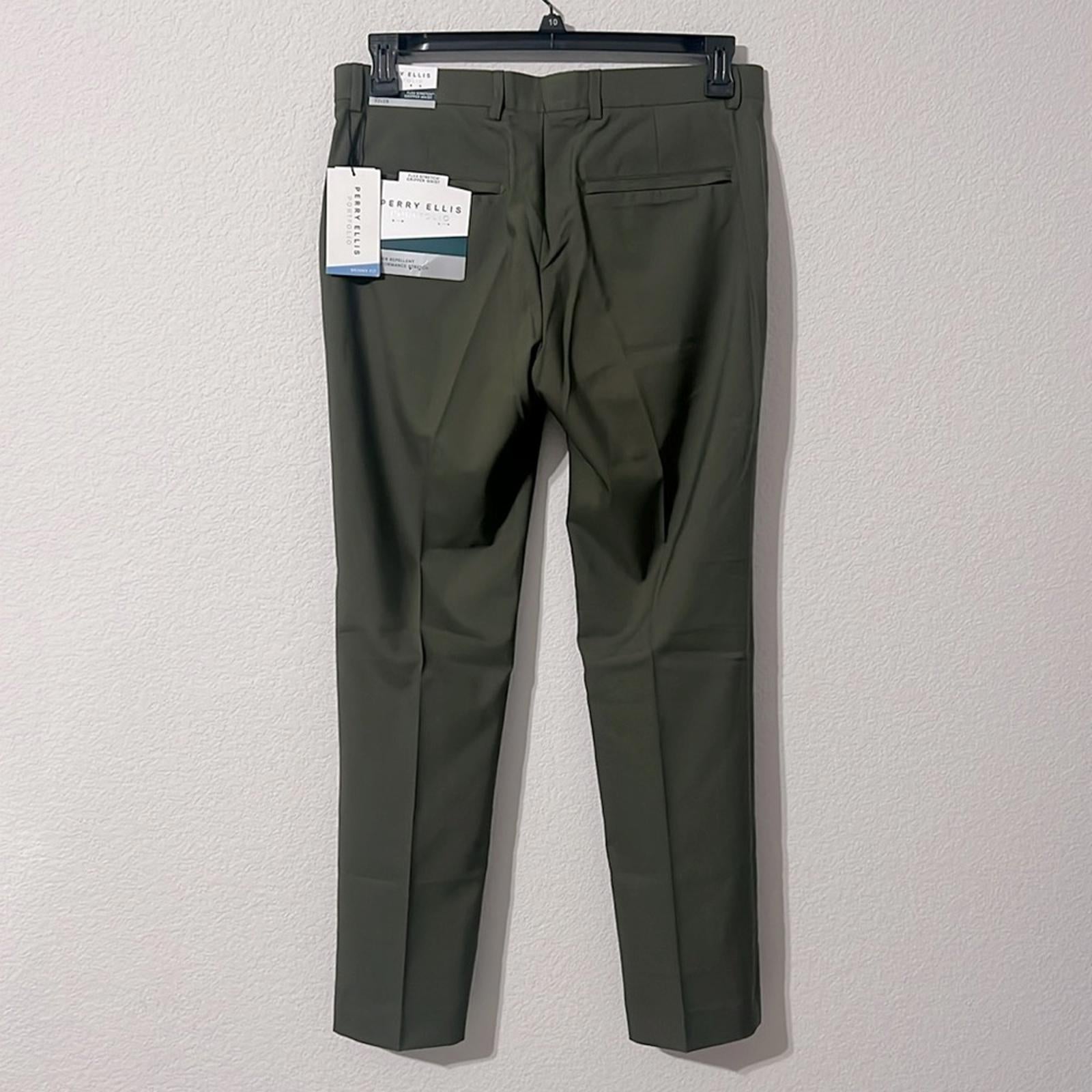 Perry Ellis Men’s Skinny Fit Lightweight Dress Pants in Olive Green, Size 32x29