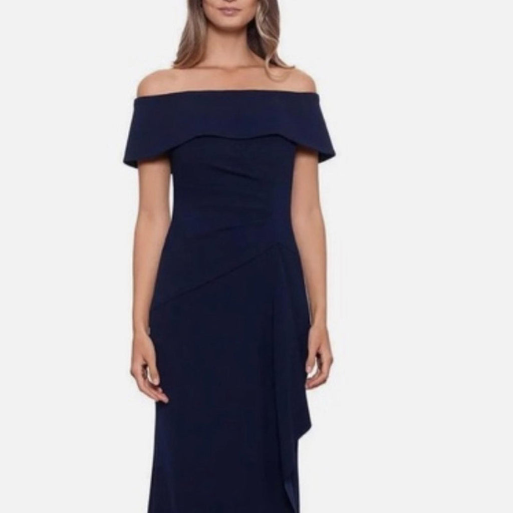 NEW Xscape Off-The-Shoulder Maxi Formal Evening Gown in Navy, Petite Size 12 NWT