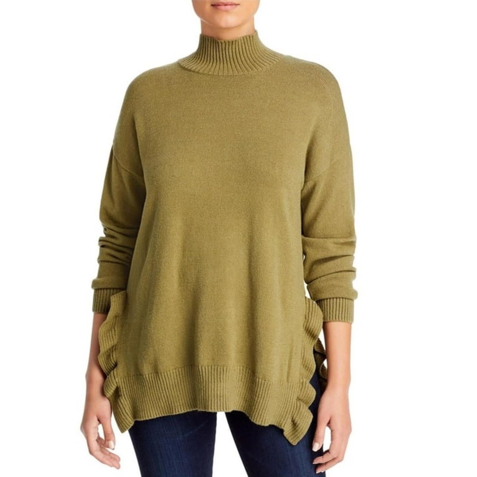 Cupio Ribbed Trim Ruffled Mock Turtleneck Sweater in Olive, Size L New w/Tag