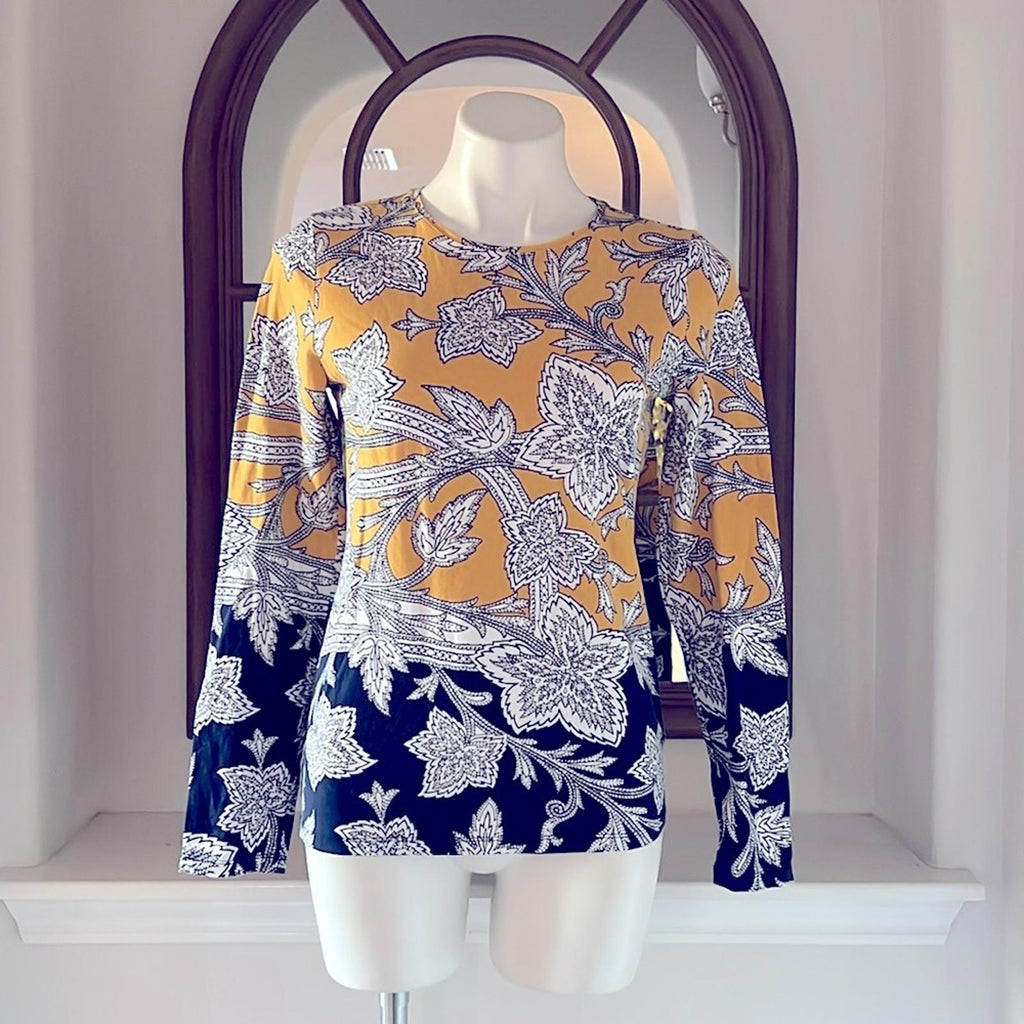 The Talbots Tee Pima Crewneck Tee, Paisley Floral, Yellow Blue Size S EXCELLENT!