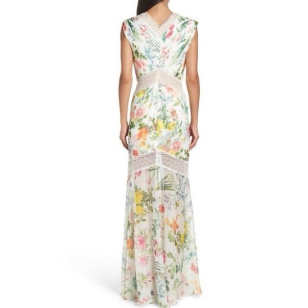 Tadashi Shoji Floral Pleat Chiffon Trumpet Gown White Floral, Size 10 NWT $588