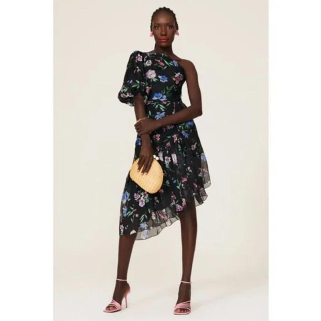 Shoshanna Midnight Gia One Shoulder Silk Floral Dress, Black Size 8 Retail $595