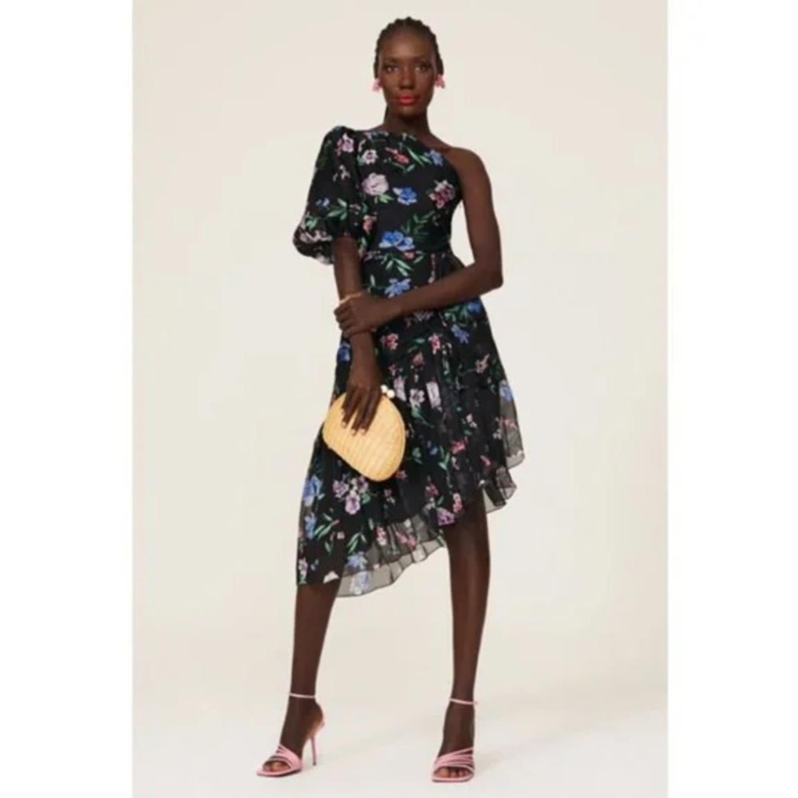 Shoshanna Midnight Gia One Shoulder Silk Floral Dress, Black Size 8 Retail $595