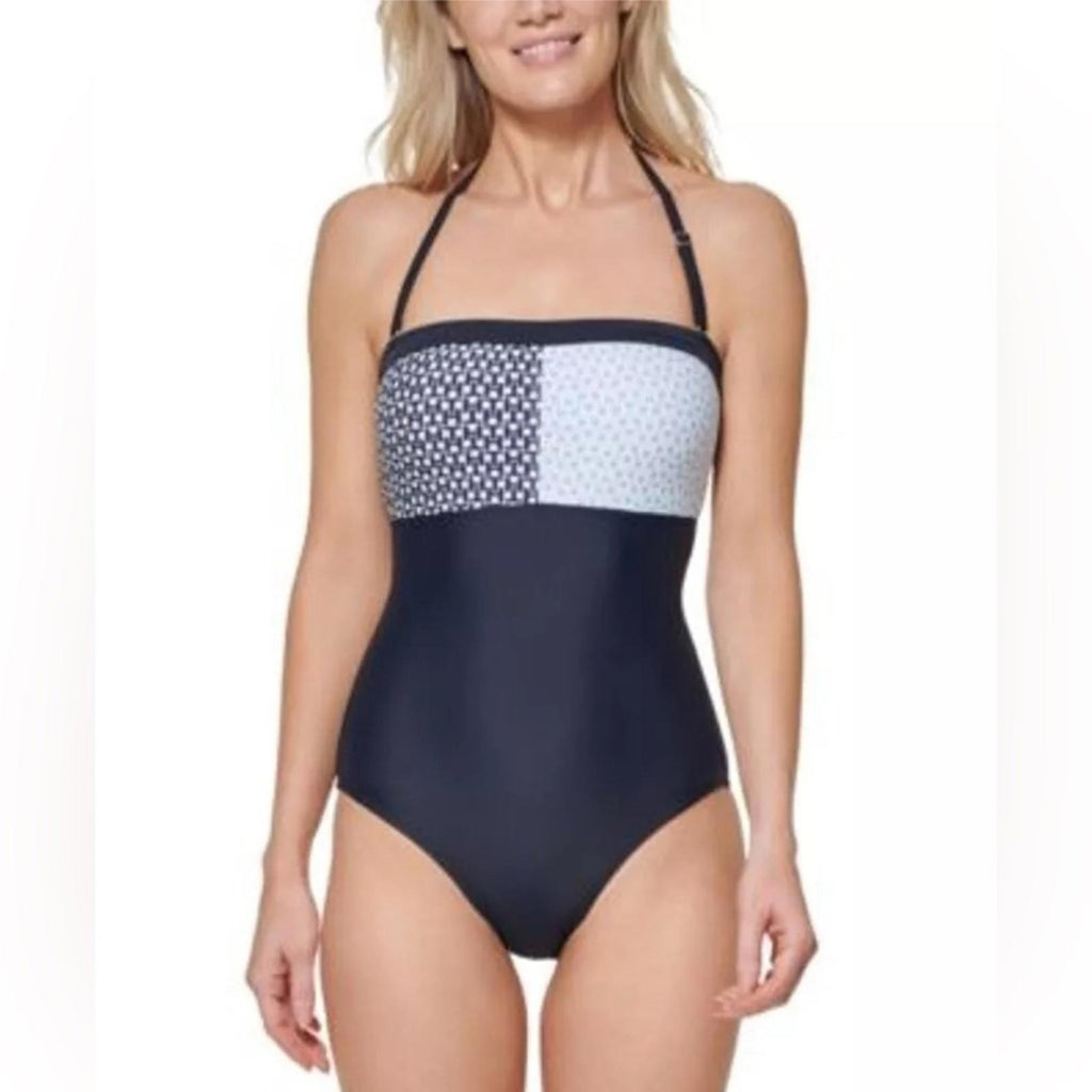 Tommy Hilfiger Iconic Bandeau One-Piece Swimsuit in Sky Captain Multi Size L NWT