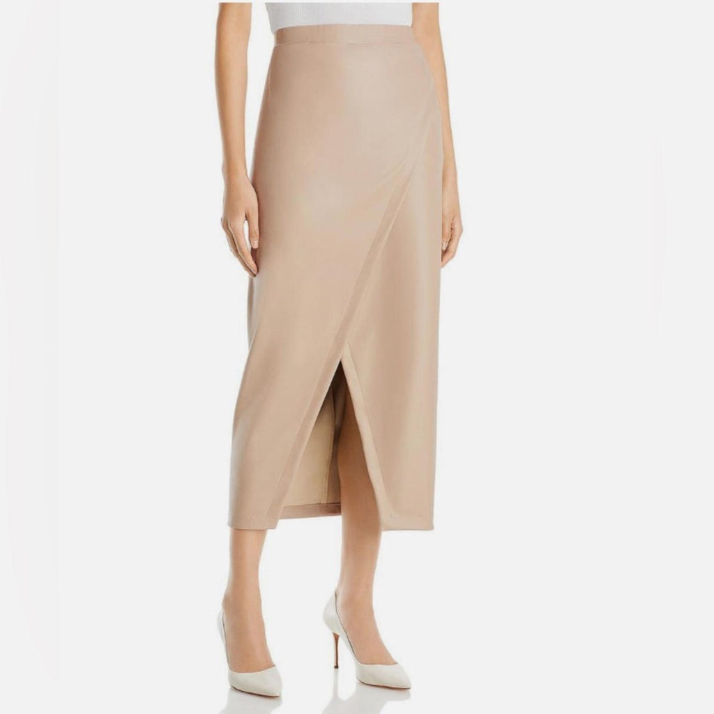 Enza Costa Leather Midi Pull On Wrap Skirt, Putty/Beige Size 2 New w/Tag
