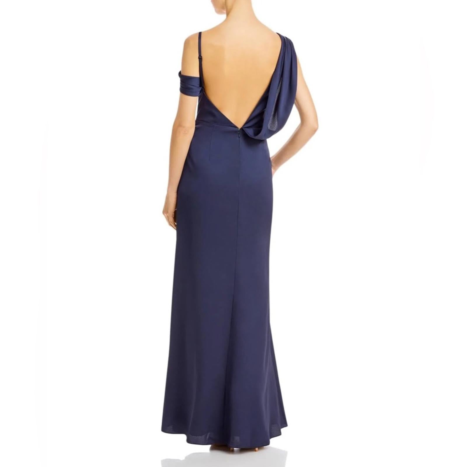 Aqua Asymmetrical Neckline Full-Length Evening Gown in Dark Navy Size 2 NWT $368