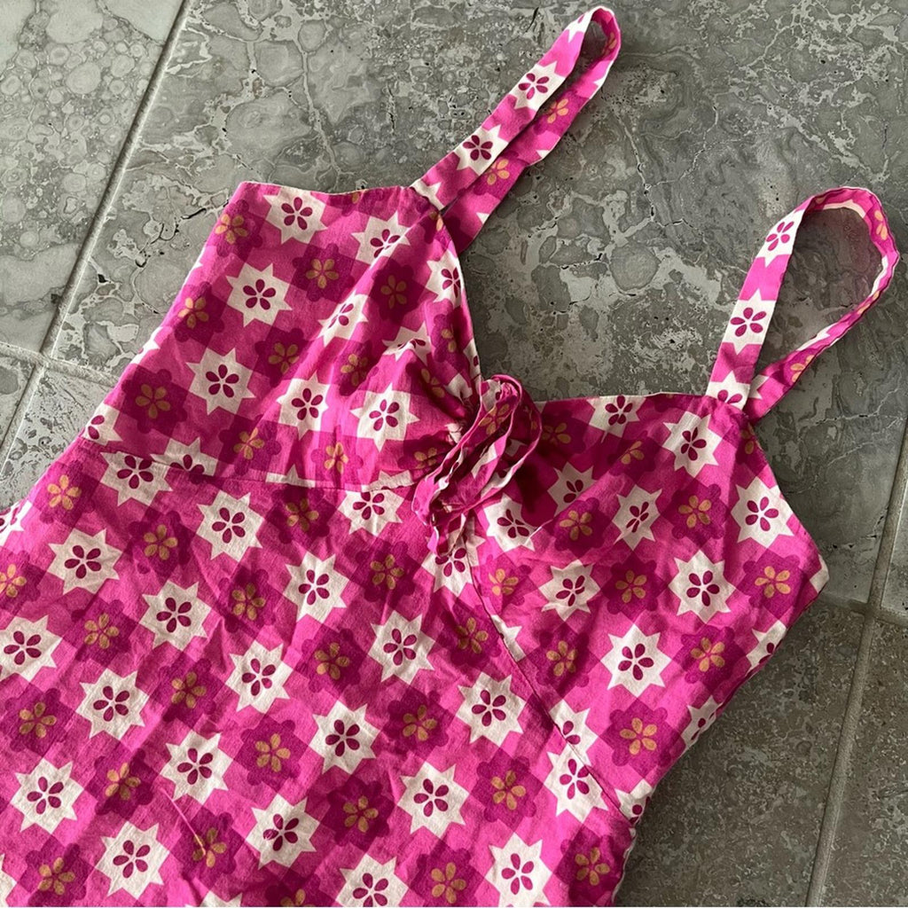 $518 Anna Sui Utopian Gingham Cotton Slip Dress in Neon Pink, Size 2
