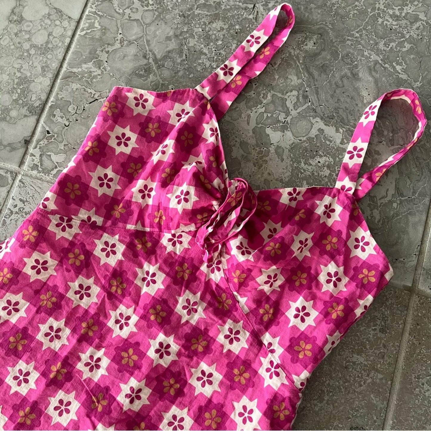$518 Anna Sui Utopian Gingham Cotton Slip Dress in Neon Pink, Size 2